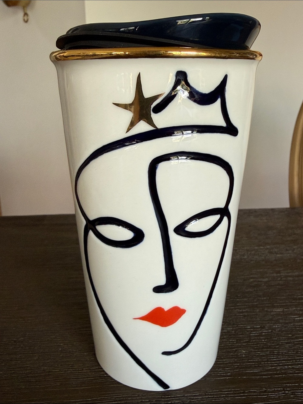 Starbucks White Ceramic Face Travel Mug with Navy & Gold Accents